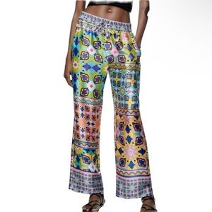 NWT ZARA 70's Style Trousers - Multicoloured Floral Flared Soft Silky Sz. XL